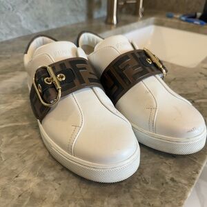 Fendi Logo Strap Leather Slip-On Sneakers White Brown